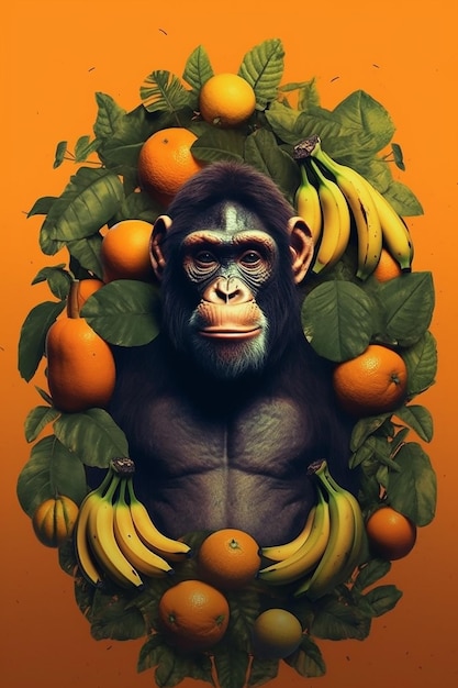 Un poster de chimpanzé avec des bananes et des oranges