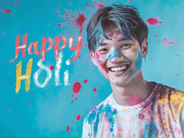 Poster du festival Holi homme souriant avec le texte Happy Holi