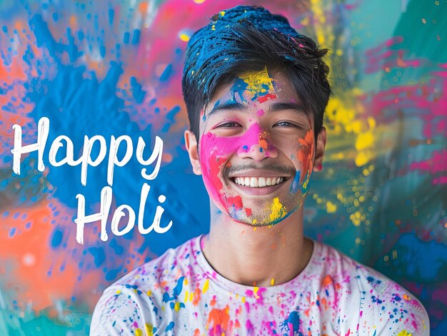 Poster du festival Holi homme souriant avec le texte Happy Holi