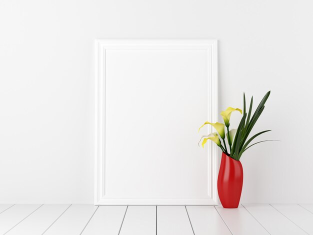 Poster maquette avec des fleurs dans un vase rouge