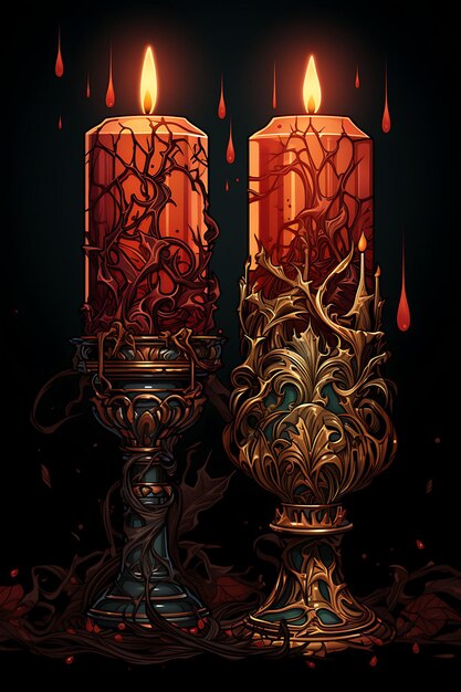 Poster d'une paire de bougies coniques avec des flammes entrelacées Bourgogne profondes bougies de Noël dessins plats 2D