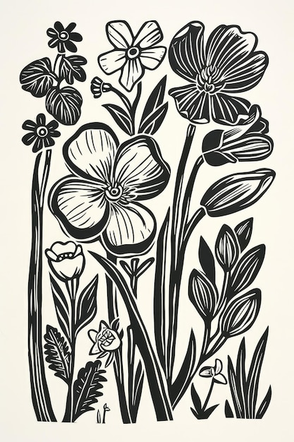 Poster vertical de fleurs et de plantes peintes à l'aquarelle et à l'encre en linouvre