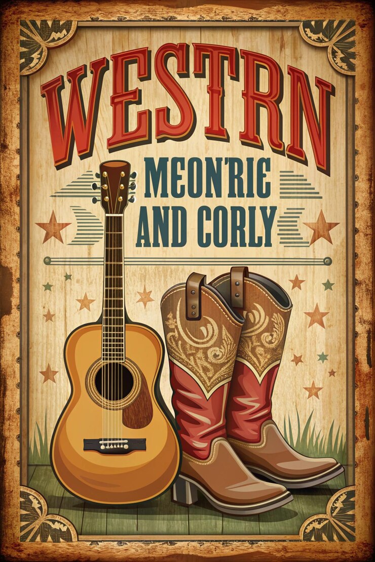 Photo poster vintage avec des bottes de cow-boy et une guitare musicale poster de musique country occidentale avec des chaussures de cow-boys et un fond de guitare de musique pour le texte