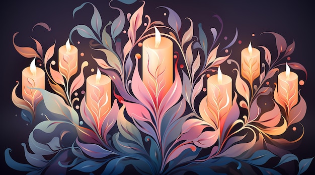 Posters de bannières conceptuelles de vacances en pastel avec des flammes de bougies entrelacées avec des motifs floraux