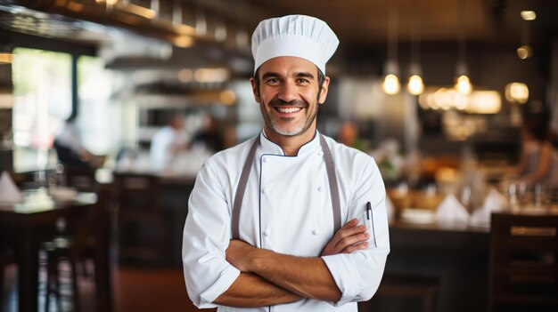 Posture confiante du chef de cuisine masculin dans la cuisine