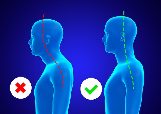 Posture incorrecte et correcte de la colonne cervicale d'un hologramme bleu d'un homme. Illustration 3D