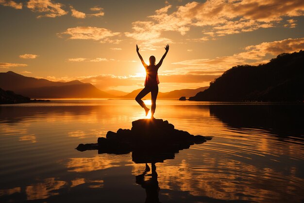 Photo une posture de yoga au coucher du soleil paisible