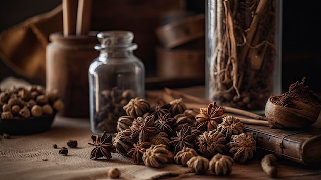 Un pot d'anis étoilé et un pot d'anis étoilé sur une table.