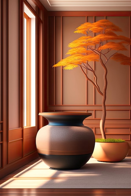 Pot d'argile 3D en salle vide avec arbre sur plancher de granit à la lumière du soleil de la fenêtre sur l japonais traditionnel