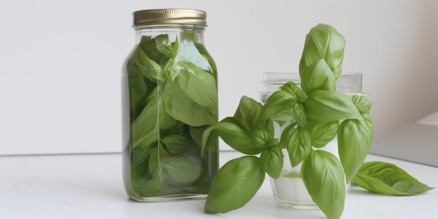 Un pot de basilic à côté d'un pot d'eau.