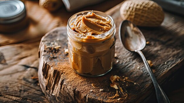 Un pot de beurre d'arachide sur une table en bois