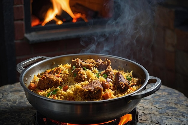 Un pot de biriyani cuisiné sur un poêle à flammes de pierre