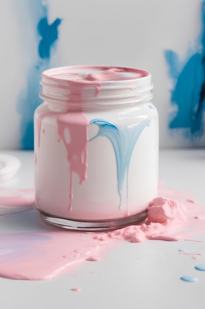 Un pot blanc enduit de peinture rose et bleue.