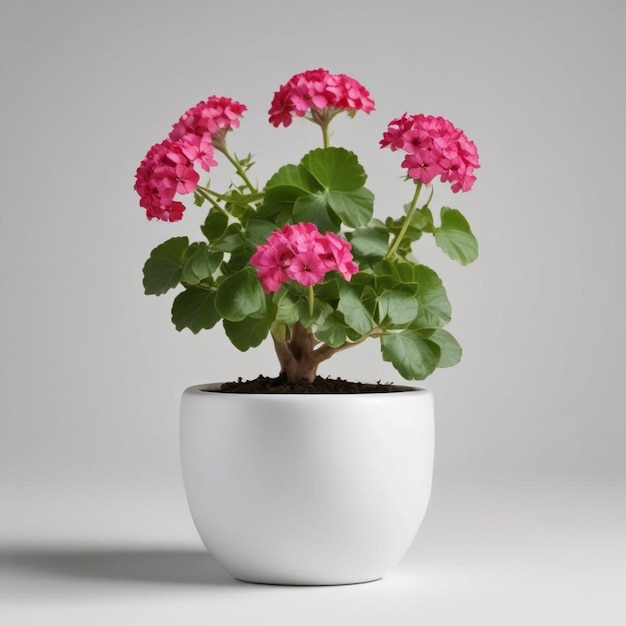 un pot blanc avec des fleurs roses et un fond blanc