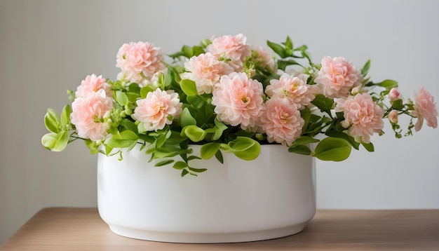 un pot blanc avec des fleurs roses sur une table