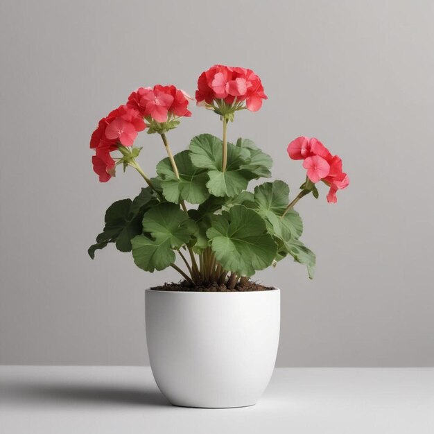 un pot blanc avec des fleurs rouges et un fond blanc