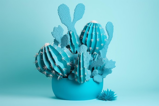 Un pot bleu avec un cactus dedans