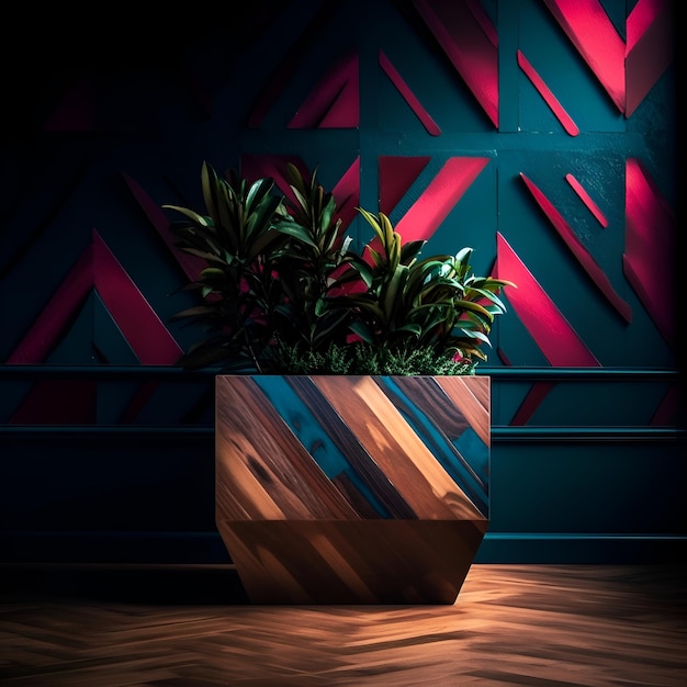 Pot en bois avec une plante sur le fond d'un mur en bois
