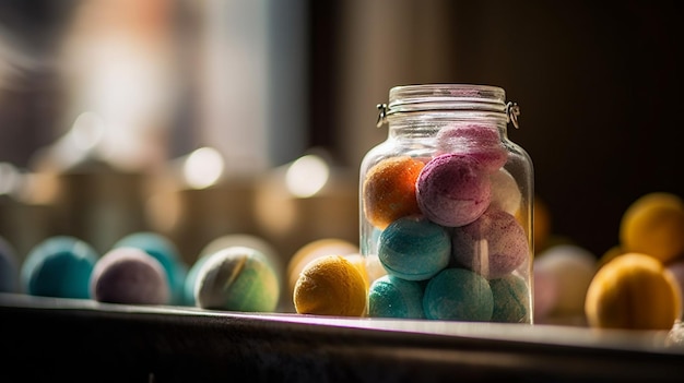 Un pot de bonbons colorés est posé sur une table avec un fond sombre.