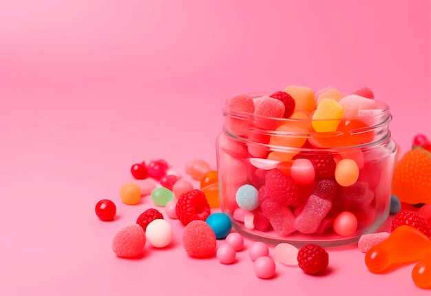 Un pot de bonbons est rempli de bonbons et les bonbons sur fond rose