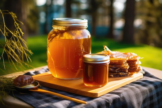 Pot de brassage de kombucha avec scoby sur table de pique-nique créé avec l'AI générative