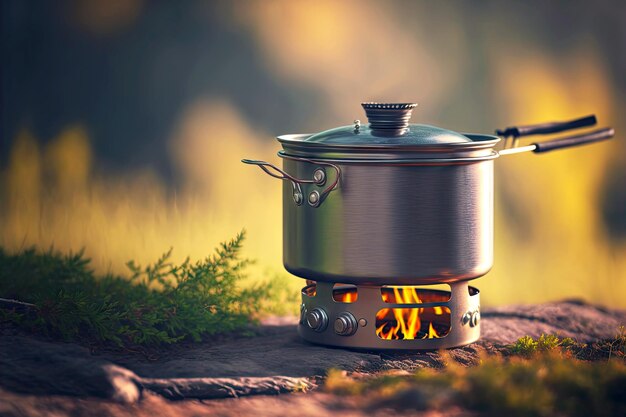 Pot de camping avec pot en acier sur brûleur à gaz sur fond flou
