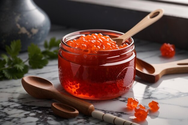 Un pot de caviar rouge avec une cuillère en bois sur du marbre