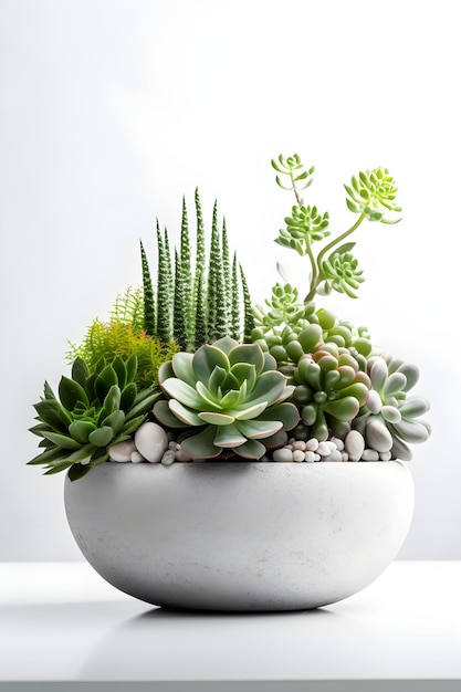 Un pot en céramique blanc avec une jardinière succulente dessus.