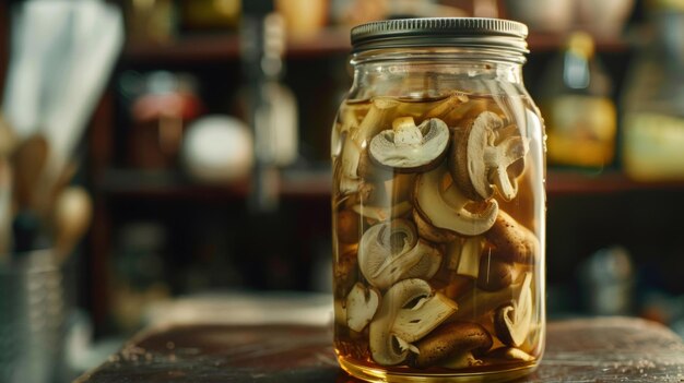 Photo un pot de champignons marinés un délice culinaire assis sur un comptoir de cuisine rustique