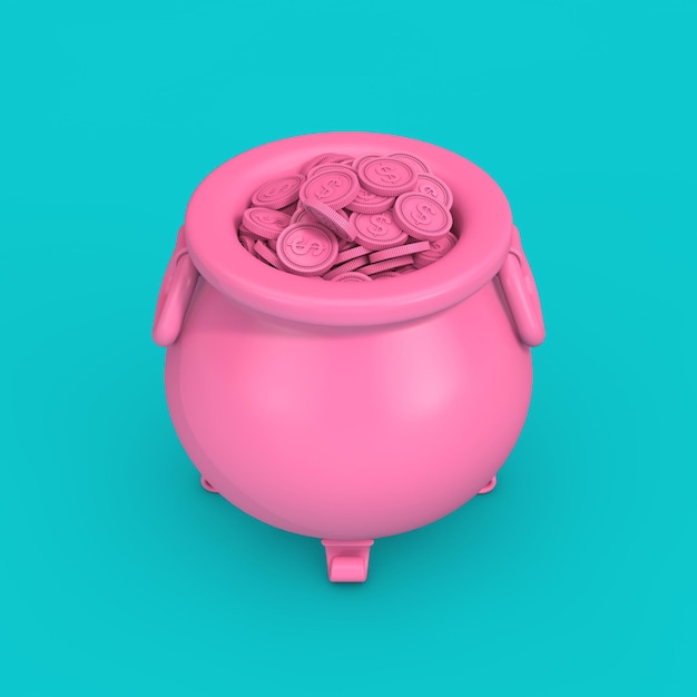 Pot chaudron en fer rose plein de pièces d'argent dans un style bicolore sur fond bleu rendu 3d