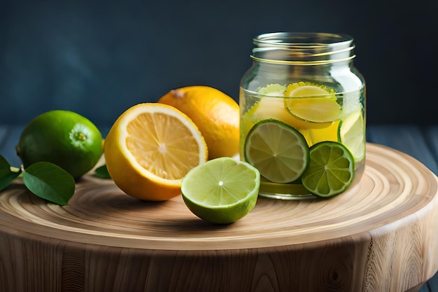 Un pot de citrons et limes sur une planche de bois