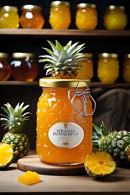 Photo un pot de confiture d'ananas avec une tranche d'anananas