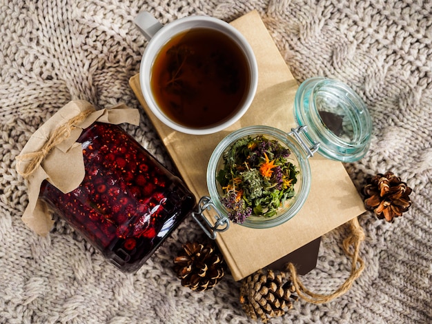 Un pot de confiture de framboises, une tasse de thé et un livre sur une couverture de laine. Cônes et herbes sèches pour le thé. Médecine populaire.