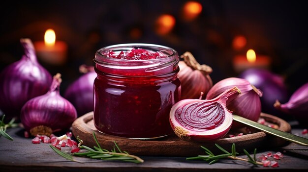 Photo pot de confiture d'oignons rouges