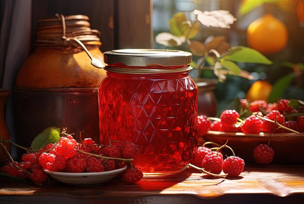 pot de confiture surmonté de baies dans le style de rouge clair et d'ambre