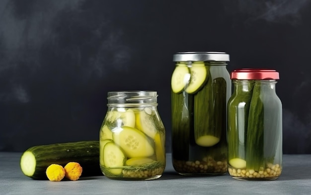 Un pot de cornichons se trouve à côté d'un pot de concombres.