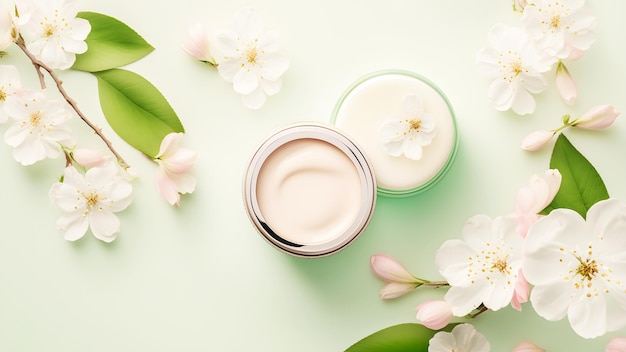 Pot cosmétique avec crème hydratante sur fond rose clair avec sakura en fleurs