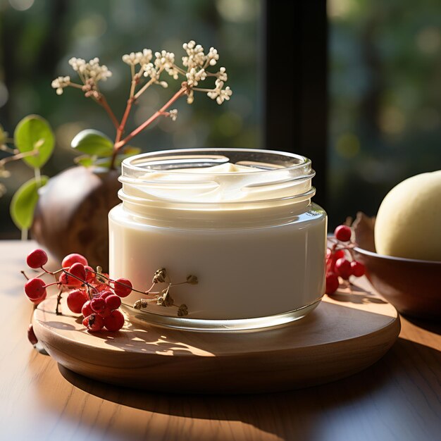 Pot de cosmétiques sur fond de pomme Présentation de produit de beauté blanche