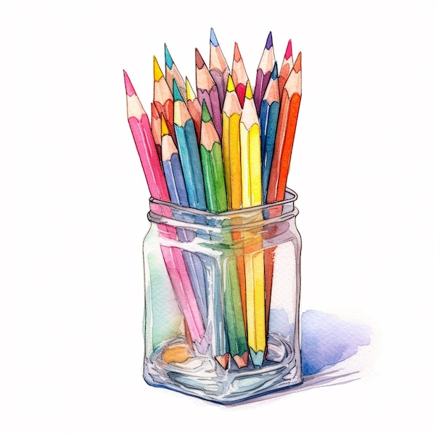 un pot de crayons de couleur avec un dessin d'un crayon dedans.