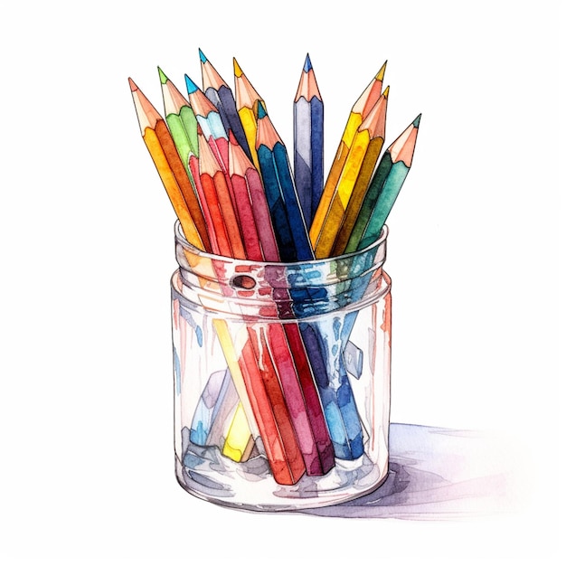 un pot de crayons de couleur avec un dessin d'un crayon.