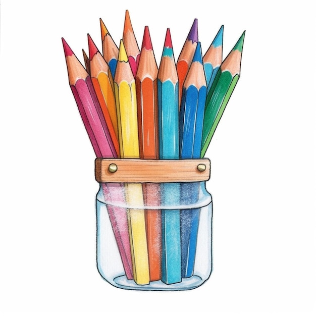 un pot de crayons de couleur avec un dessus en bois qui dit "crayon" sur lui