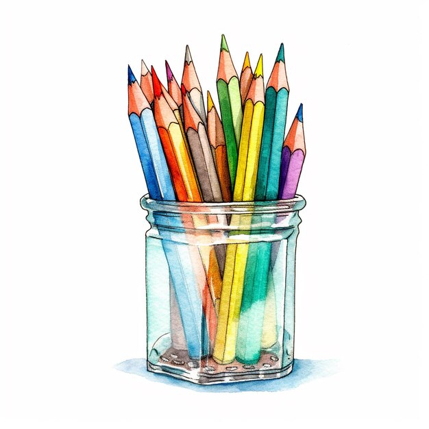 un pot de crayons de couleur avec une image d'un arc-en-ciel de crayon de couleur.