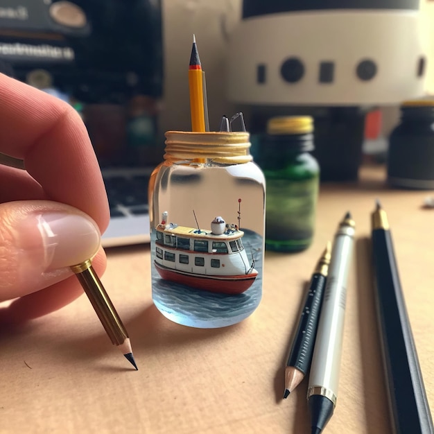 Un pot à crayons miniature avec un bateau miniature dedans.