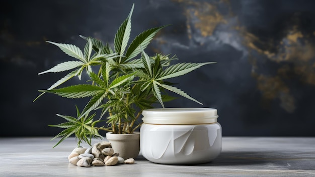 Photo pot de crème de cannabis soin bio sur table en marbre