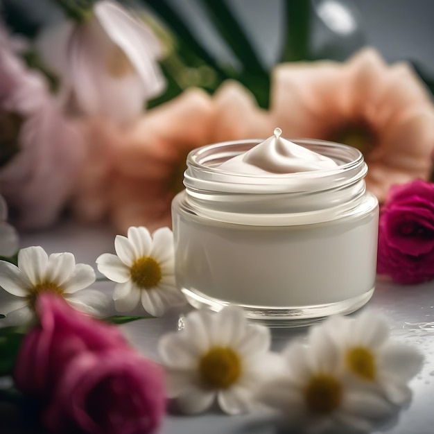 un pot de crème cosmétique posé sur une table à côté de fleurs et de gouttelettes d'eau à la surface