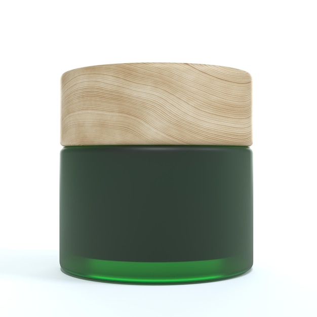 Pot de crème cosmétique en verre dépoli vert avec couvercle en bois emballage de produit de beauté et de soin maquette de rendu 3D