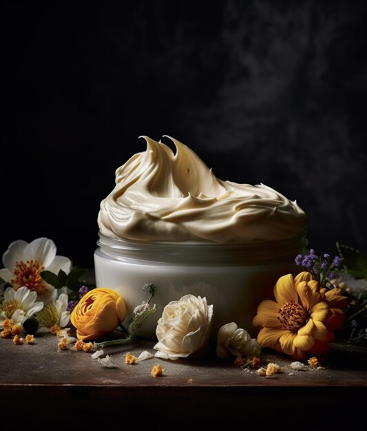 Un pot de crème avec une fleur jaune dessus