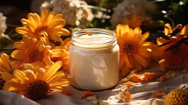 Un pot de crème et de fleurs de calendula sur une table en gros plan