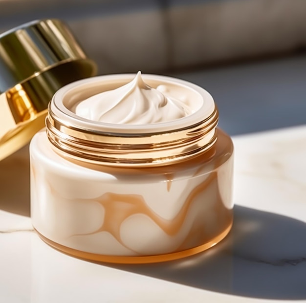Pot de crème pour le visage en or de luxe sur du marbre luxueux sous la lumière du soleil dorée au spa produit de beauté et de soin de la peau ai génératif