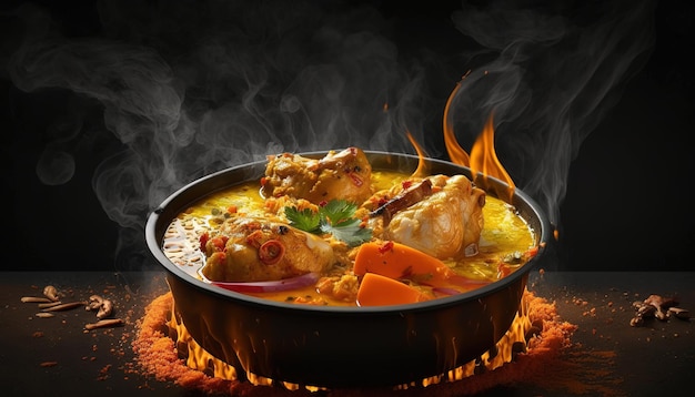 Photo un pot de curry avec une flamme sur le côté.